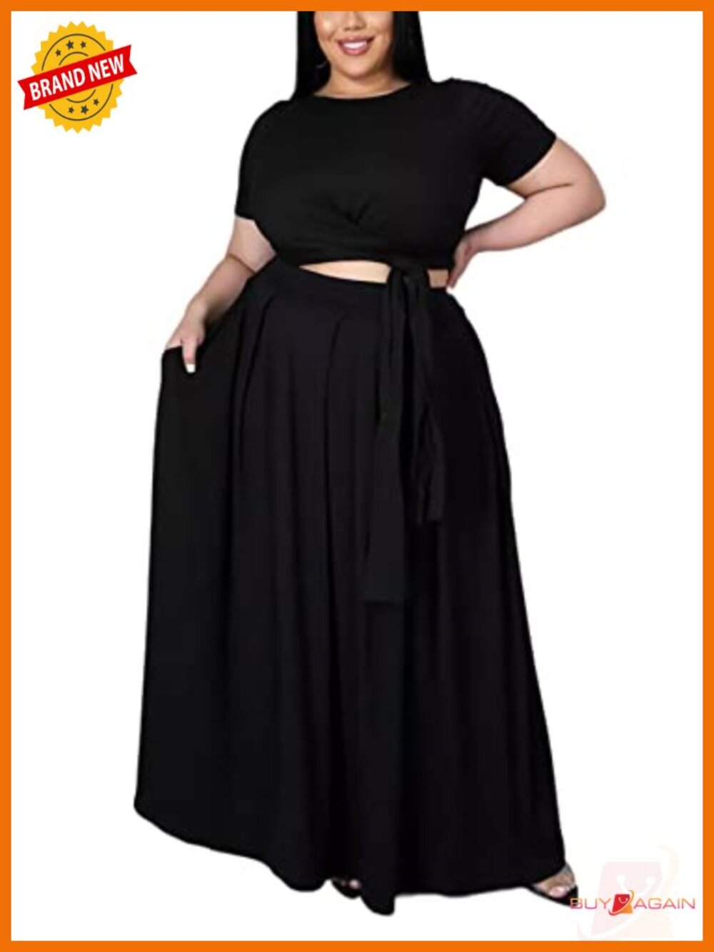Plus Size 2 Piece Skirt Set - Short Sleeve Wrap Top & High Waist Maxi Skirt